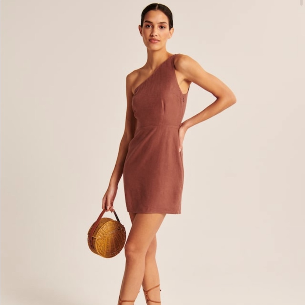 One shoulder linen blend mini dress